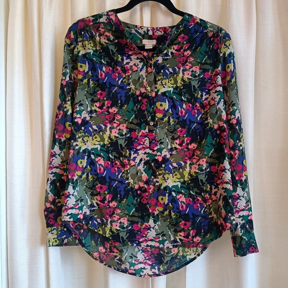 J.Crew Womens Floral Long Sleeve Popover Blouse Blue Pink Green XS Sheer Cottage